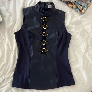 Navy Fake Leather and Gold Open Metal Front Details